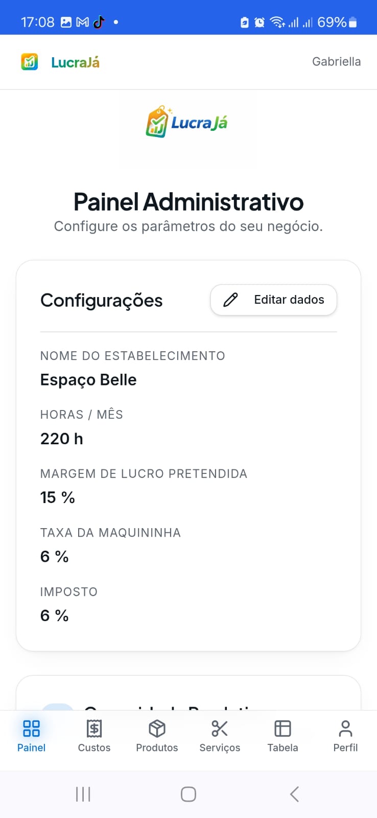 Painel administrativo do LucraJá com configurações do negócio