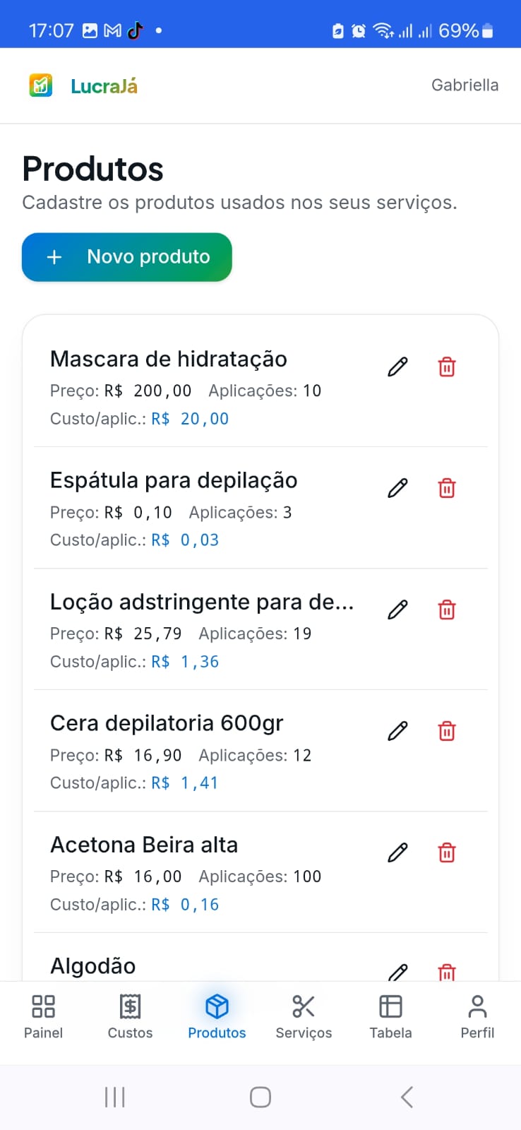 Tela de produtos do LucraJá com custo por aplicação