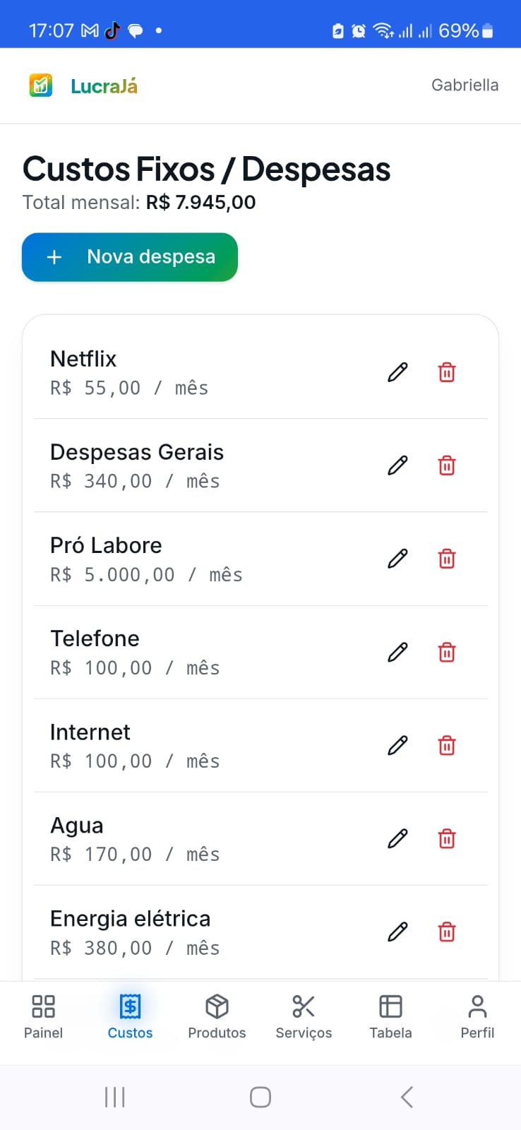 Tela de custos fixos do LucraJá com lista de despesas mensais