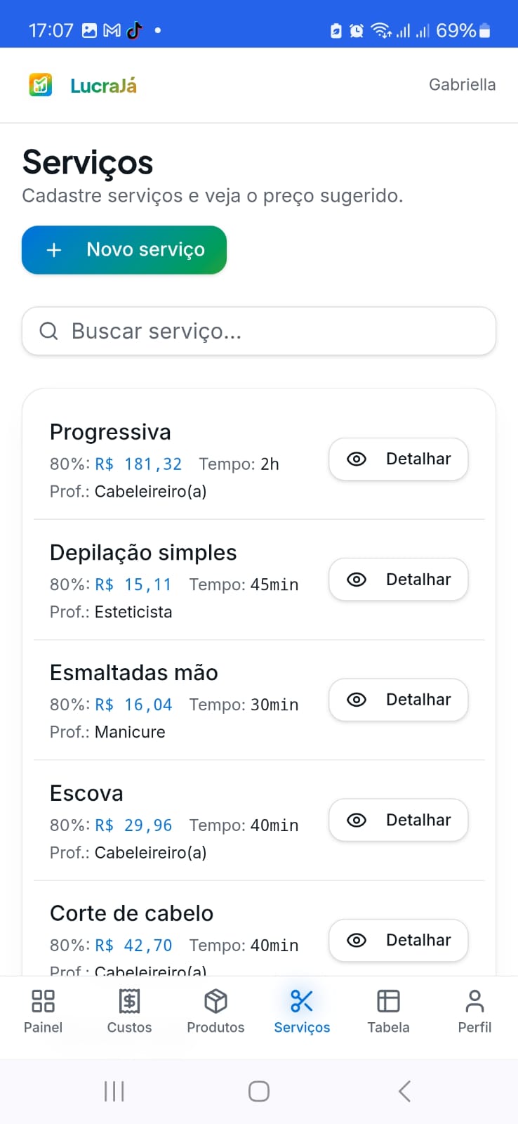 Tela de serviços do LucraJá com preço sugerido